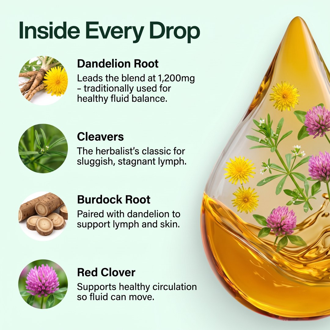 Inside every drop – dandelion root, cleavers, burdock root, red clover