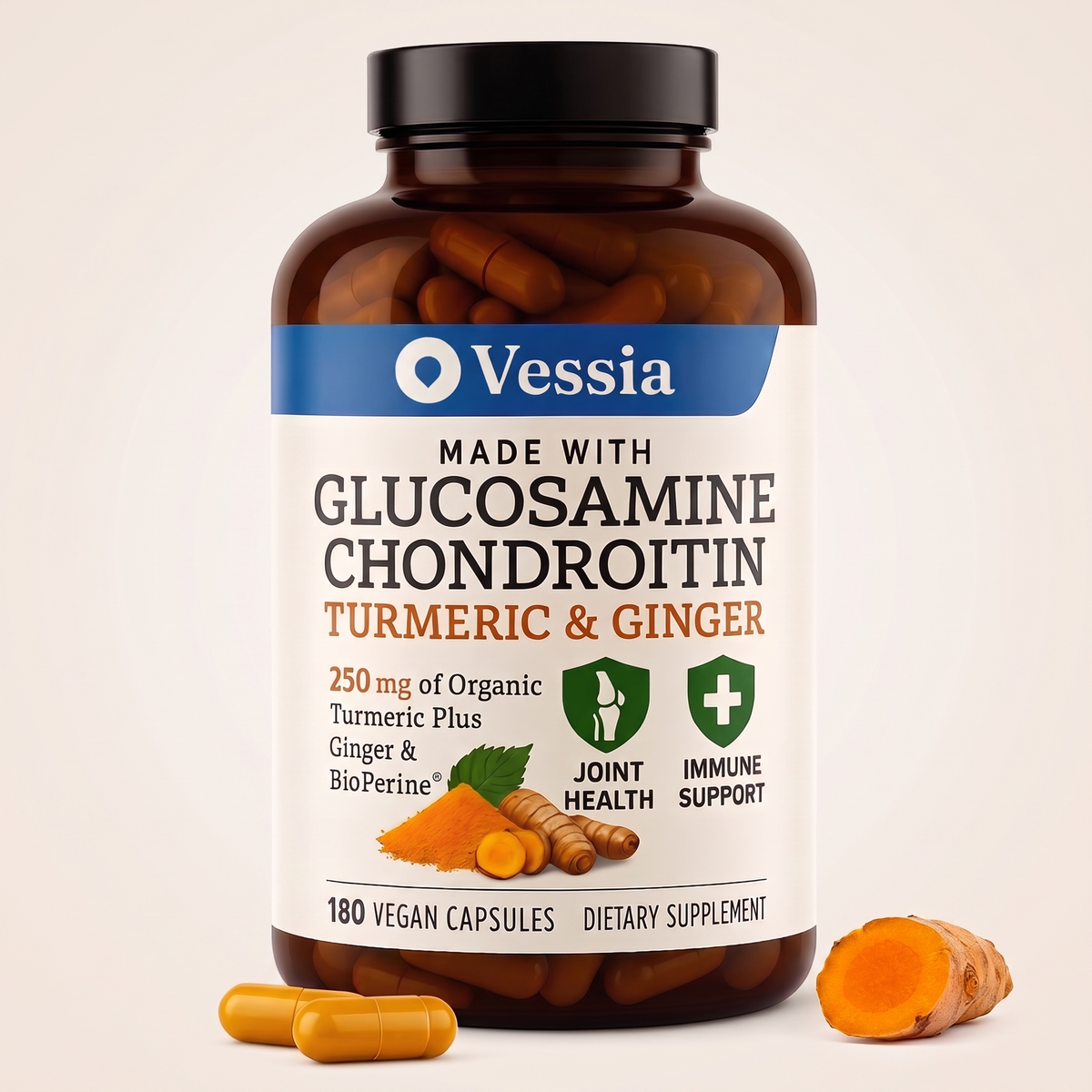 Vessia Glucosamine + Chondroitin with Turmeric & Ginger, 180 vegan capsules