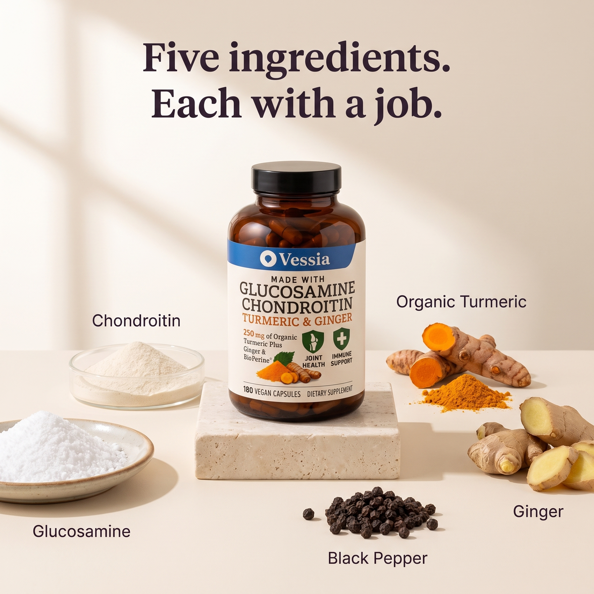 Five ingredients: glucosamine, chondroitin, organic turmeric, ginger, black pepper