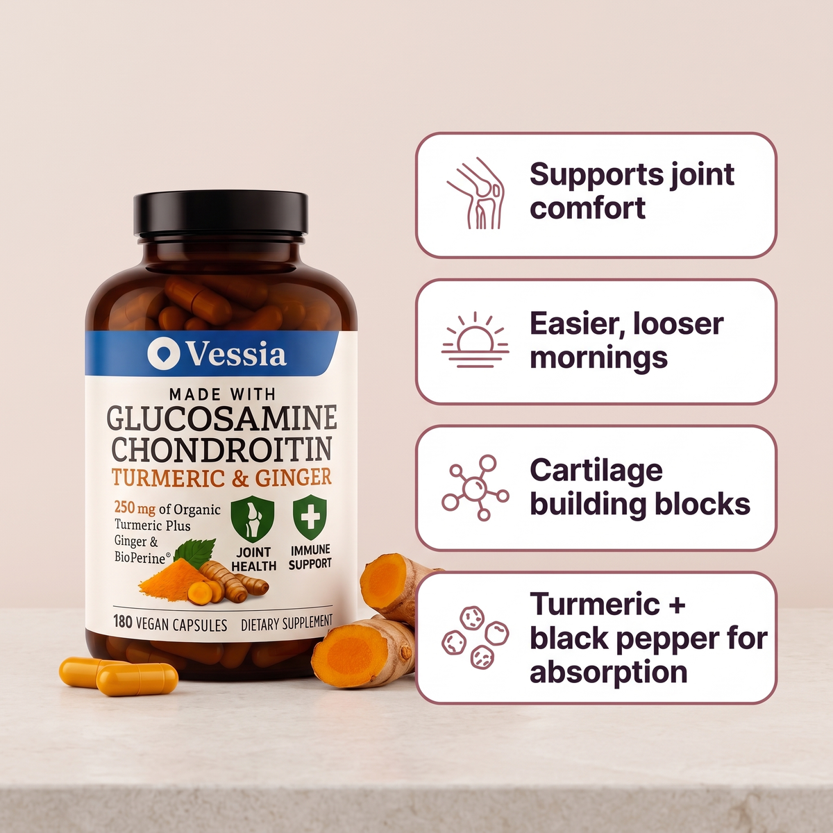 Benefits: joint comfort, easier mornings, cartilage building blocks, turmeric with black pepper