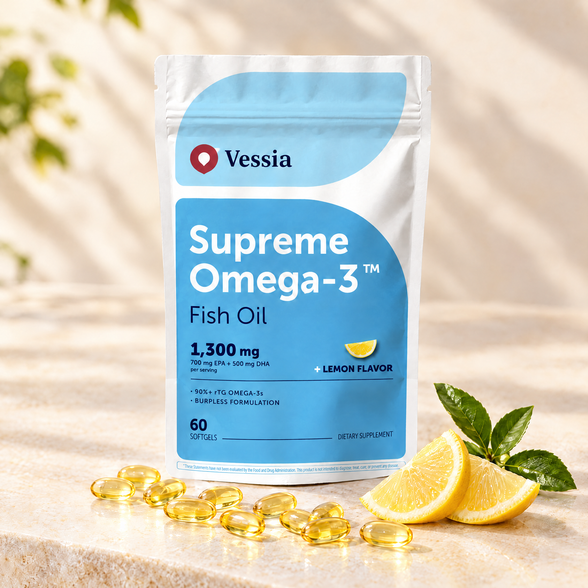 Vessia Supreme Omega-3 pouch with lemon softgels