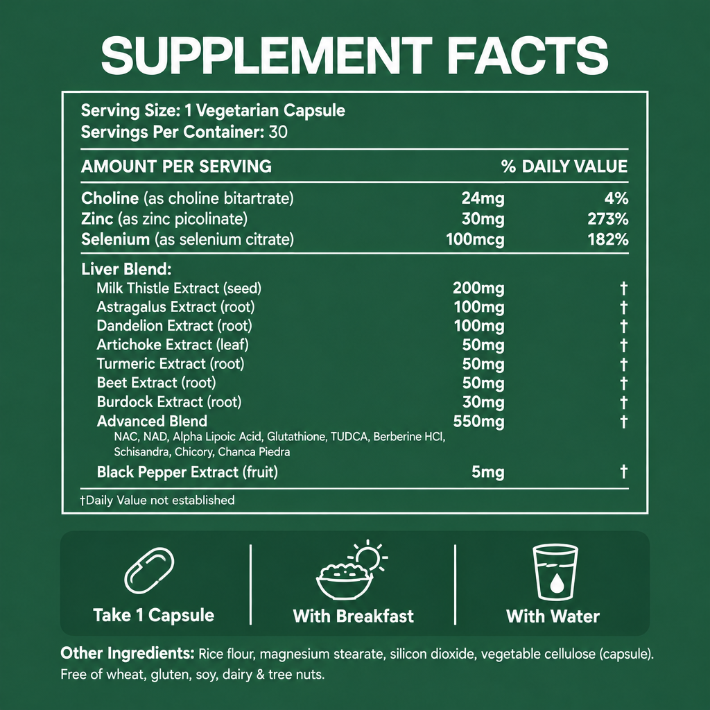 Vessia Liver Advanced+ supplement facts: 1 capsule, 30 servings