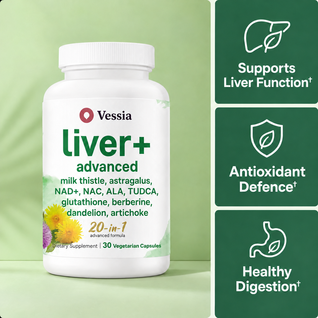 Vessia Liver Advanced+ supports liver function, antioxidant defence and healthy digestion