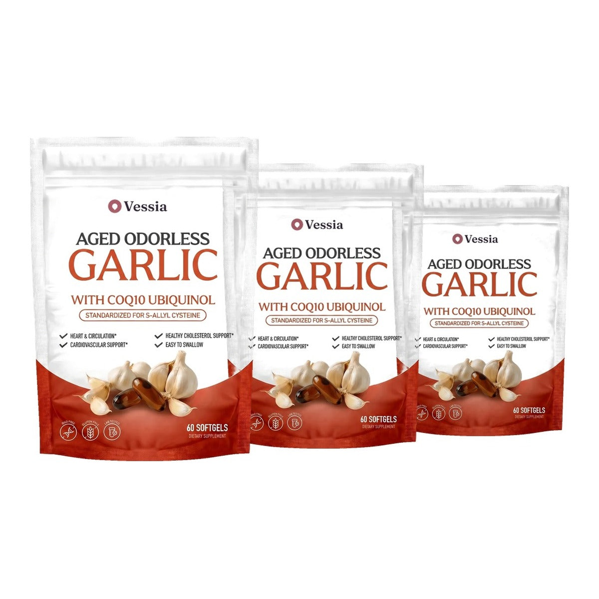 Three pouches of Vessia Aged Odorless Garlic