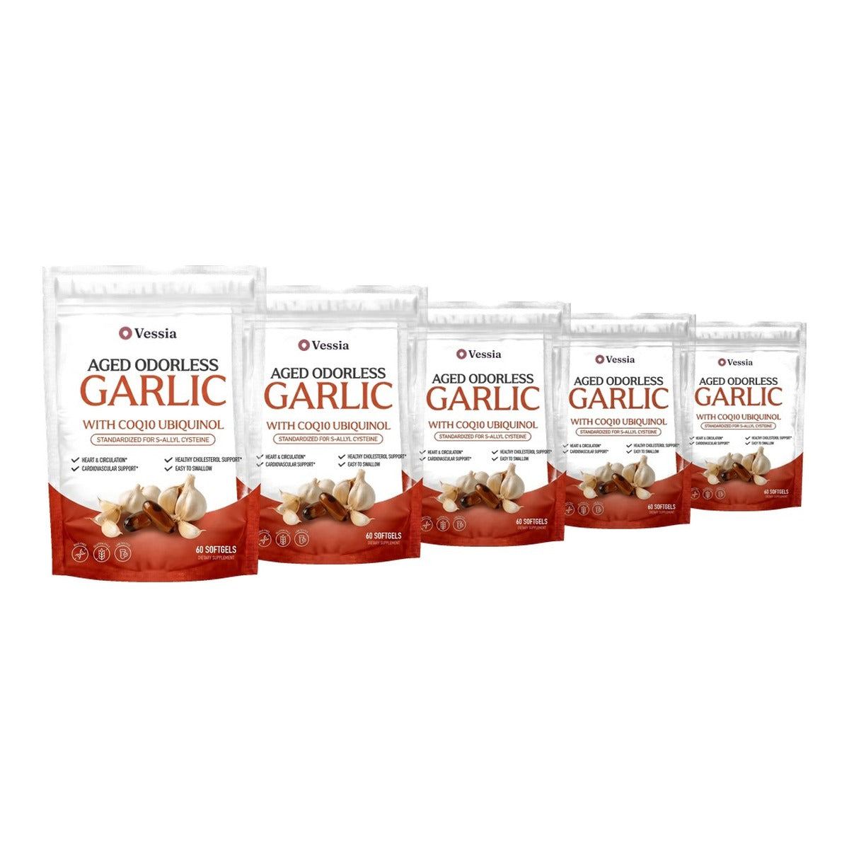 Five pouches of Vessia Aged Odorless Garlic