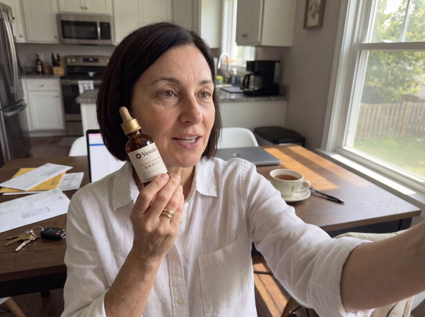 Denise R. holding Vessia Lymphatic Drainage Drops