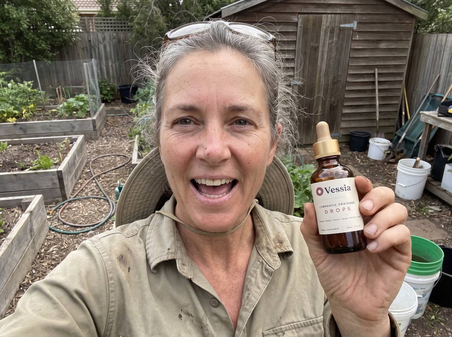 Jo P. holding Vessia Lymphatic Drainage Drops
