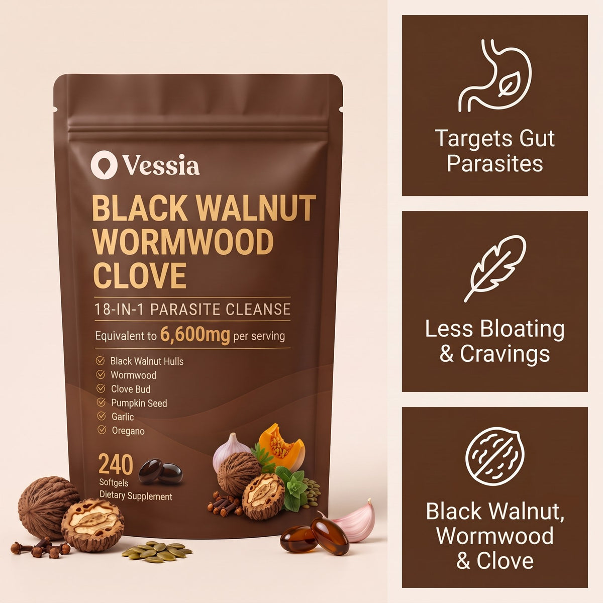 Vessia Parasite Cleanse — Black Walnut, Wormwood & Clove
