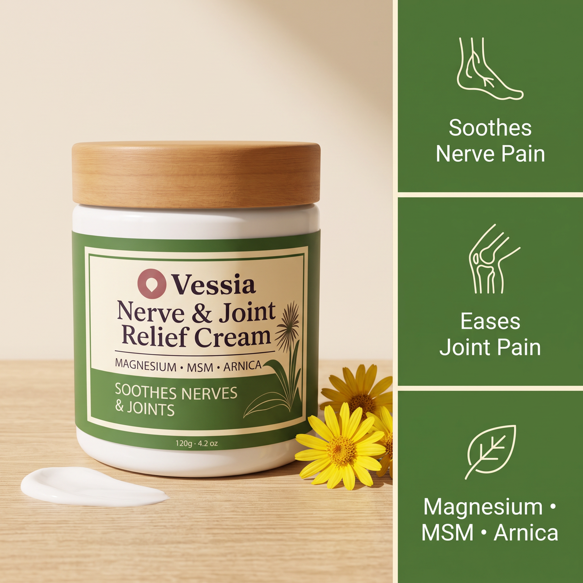 Vessia Nerve & Pain Relief Cream — Magnesium, MSM & Arnica