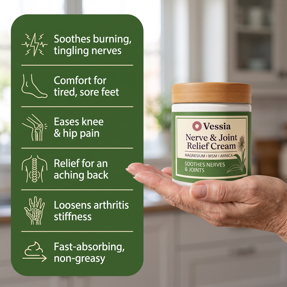 Vessia Nerve & Pain Relief Cream — Magnesium, MSM & Arnica