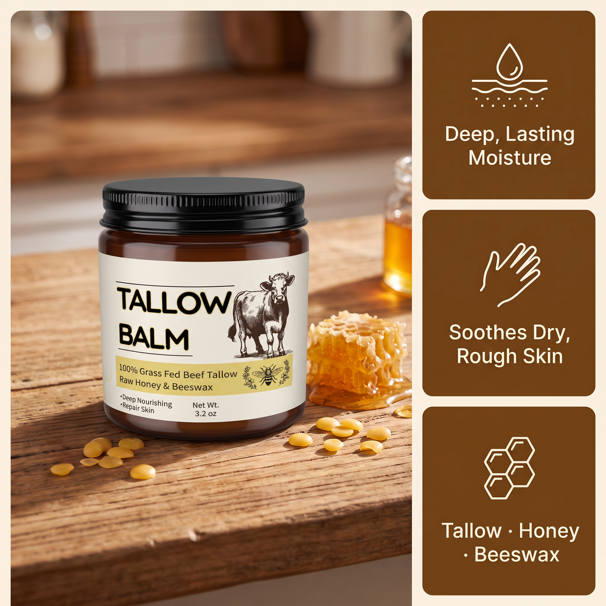 Vessia Beef Tallow Balm with Raw Honey & Beeswax