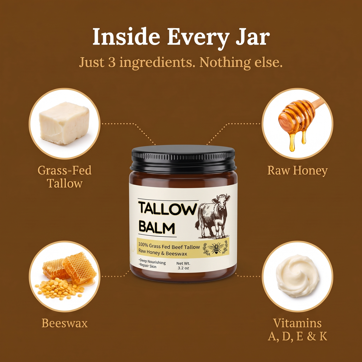 Vessia Beef Tallow Balm with Raw Honey & Beeswax
